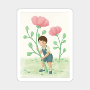 Cute Boy and Flowers Magnet