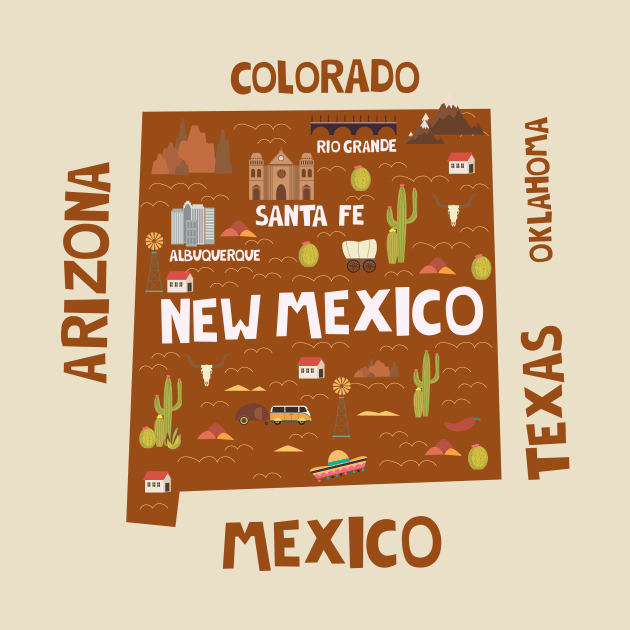 New Mexico State USA Illustrated Map by JunkyDotCom