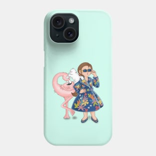 Stylist girl posed with pink flamingo and cat pet Phone Case