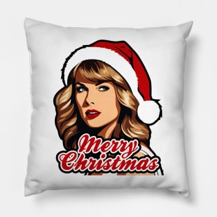 Beautiful Girl with Santa Hat and Merry Christmas Text Pillow