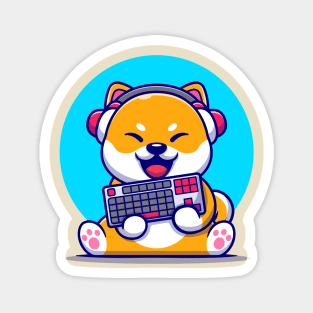 Cute Shiba Inu Gaming Dog With Headphone And Holding  Keyboard Cartoon Magnet