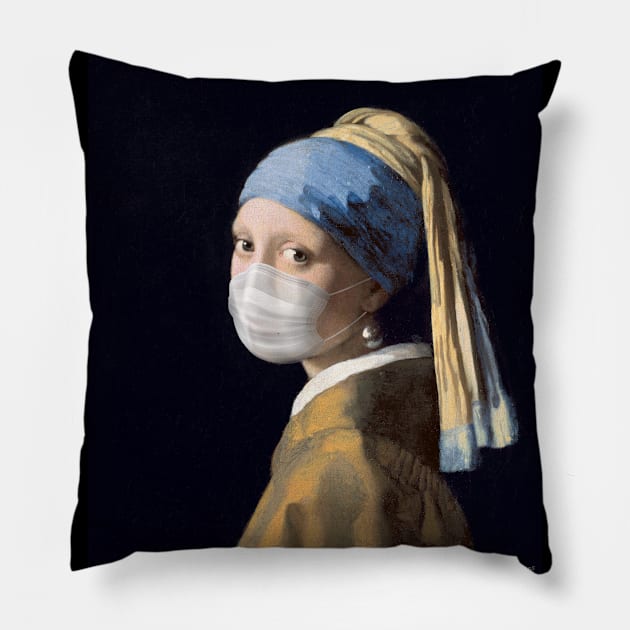 Famous Painting Girl with a Pearl Earring Wearing Mask Pillow by Dibble Dabble Designs