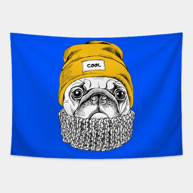 Portrait of Pug in a yellow Hipster hat and with knitted scarf Tapestry by amramna