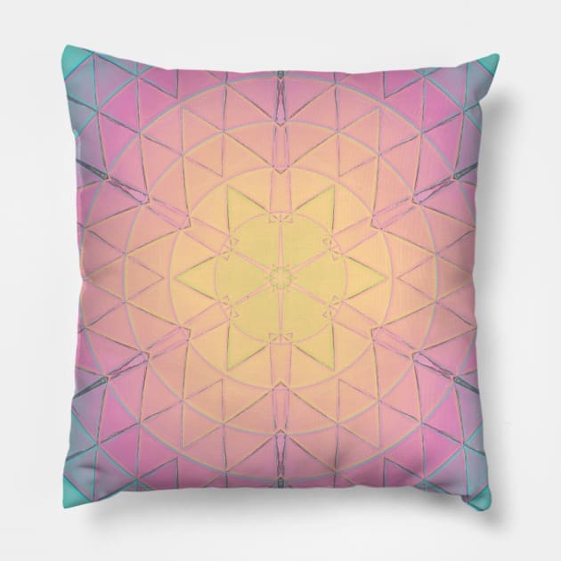 Mosaic Mandala Yellow Pink and Blue Pillow by WormholeOrbital