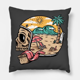 skull wearing helmet and beach scene Pillow