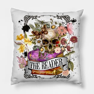 The Reader Cute Skull and Flowers Reader Bookworm Gifts 2024 Pillow