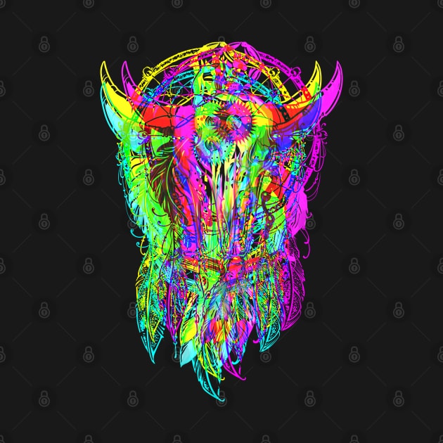 Bull Skull Dreamcatcher - Psychedelic Neon Colored by EDDArt