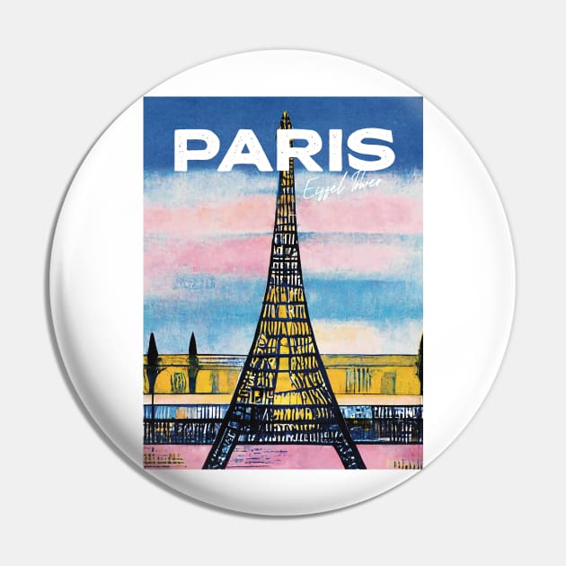 Eiffel Tower Paris Pink Sunset Travel Poster Retro Wall Art Illustration Pin by BetterManufaktur