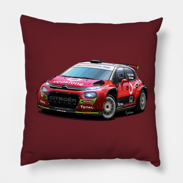 Citroen C3 R5 - Rally illustration Pillow by Mario Ramos Rally Art