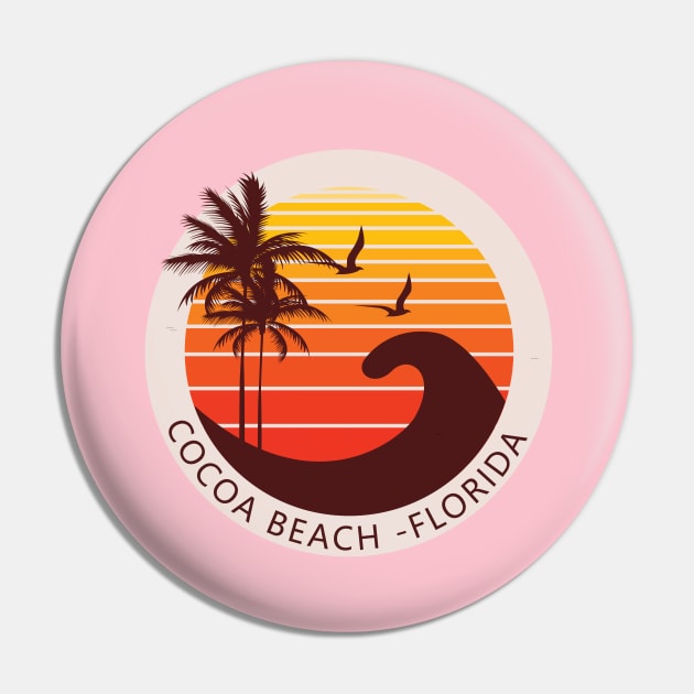 Cocoa Beach Florida Retro Sunset Design Pin by AdrianaHolmesArt