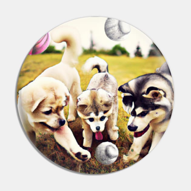 Cachorros de Perro jugando a la Pelota Pin by Cotton Candy Art