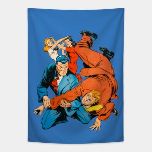 Businessmen and Businesswomen Fighting Retro Comics Vintage Old Cartoon Tapestry