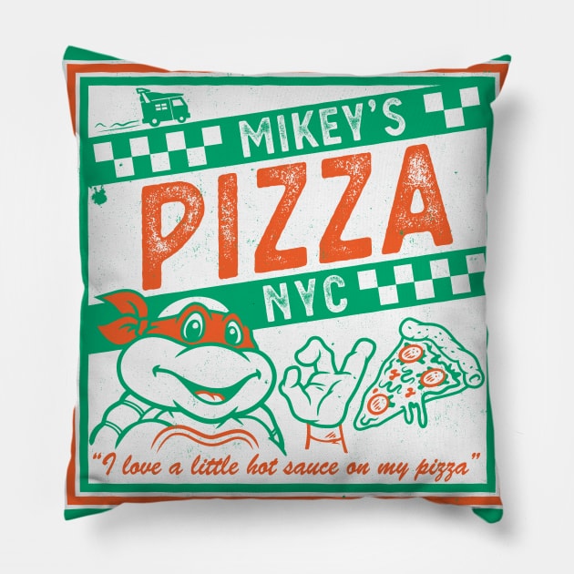 Mikey's Ninja Turtles Pizza Takeout - I like a little Hot Sauce - Retro 90s Comic Pillow by Nemons