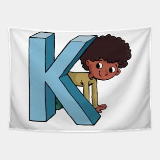 boy is hiding behind the capital letter K Tapestry