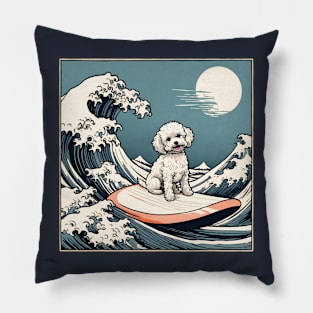 Funny Maltipoo Crusty White Dog Surfing in The Great Wave Cute Maltese Shih Tzu Dog Mom Pillow