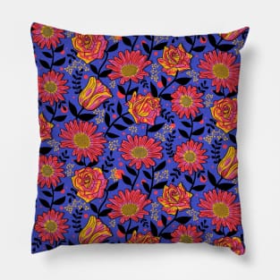 Bold Summer Flowers on Electric Blue Pillow