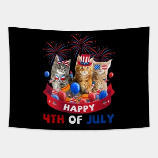 Three Cat Happy 4th Of July American Cat Lover Independence Day Tapestry