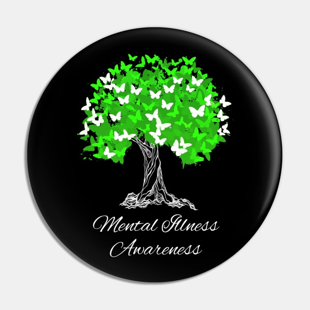 Mental Illness Awareness Green Ribbon Tree With Butterflies Pin by MerchAndrey