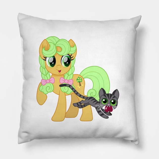 Young Goldie Delicious meets her first cat Pillow by CloudyGlow