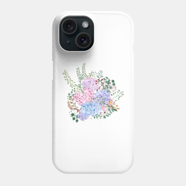 pink blue purple hydrangea flowers watercolor arrangement Phone Case by colorandcolor