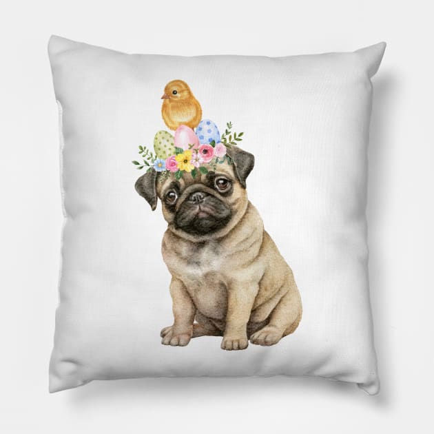 Sweet baby pug wit easter wreath and lttle yellow chicken on the head Pillow by GerganaR
