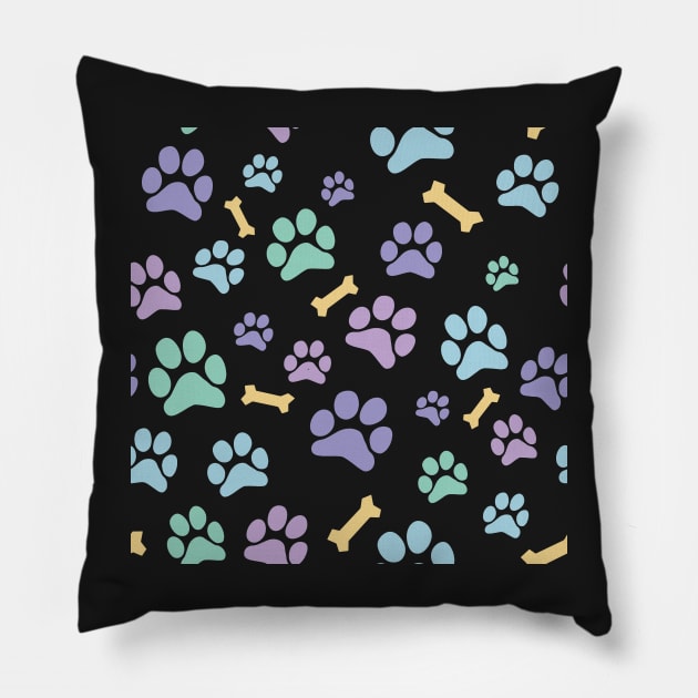 Dog Paw Prints and Bones Pastel on Dark Pink Pattern Pillow by SubtleSplit