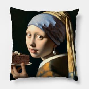 Vermeer's Pearl Earrings & Chocolate Cake Day Pillow