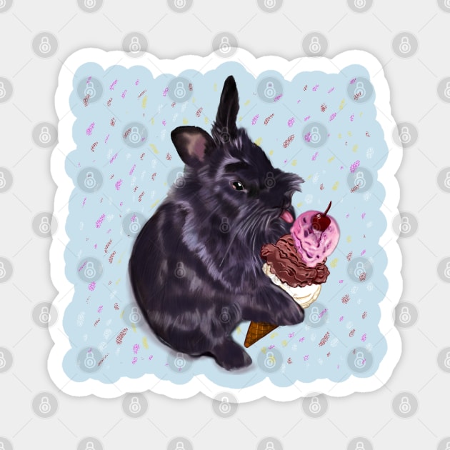 bunny rabbit sprinkles! cute  ebony colored coloured lionhead bunny rabbit  licking a three scoop icecream Magnet by Artonmytee