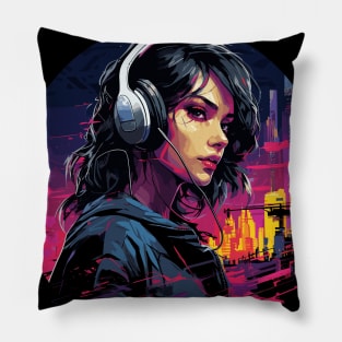 Cyberpunk Neon Woman in Headphones listening to music Pillow