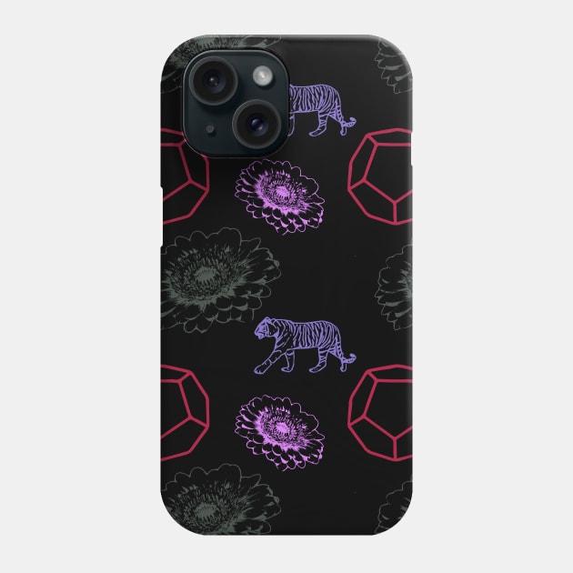 Blossom, tiger and jewel pattern on black Phone Case by Uniquepixx