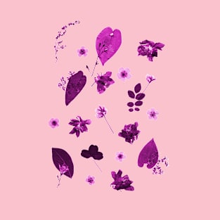 Purple Floral Pattern Pressed Flowers and Leaves T-Shirt