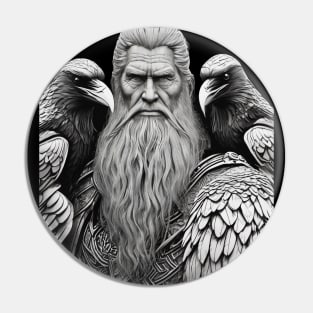 King of the Vikings Odin in Battle Armor with his ravens Huginn and Muninn done in a realistic black and gray. Pin