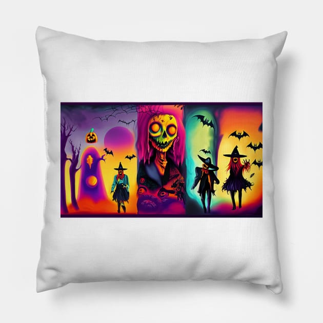 Lovely couple in Halloween costumes in a pumpkin patch Pillow by Tee Trendz