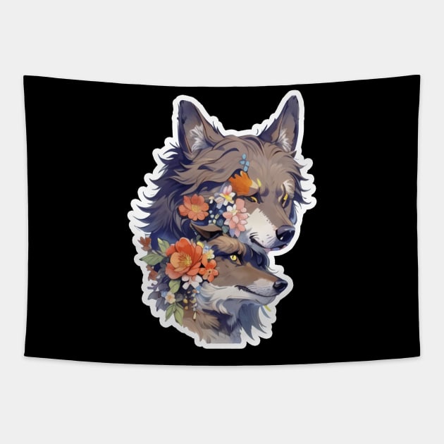 Lone Wolf With Flowers Tapestry by LycheeDesign