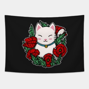 Cute Cat In The Poppy Garden Tapestry