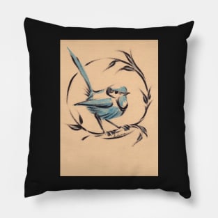 Little Blue Bird:   Sumi-e painting on vintage watercolor paper Pillow