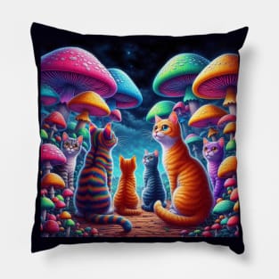 Psychodelic colorful cats with mashrooms Pillow