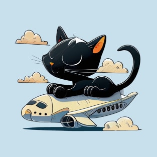 Funny Black Cat is Flying on the Plane T-Shirt