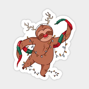 Merry Slothmas // Cute Cartoon Sloth in Christmas Lights Magnet