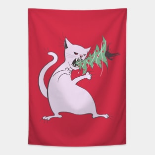 Funny Fat White Cat Eats Christmas Tree Tapestry