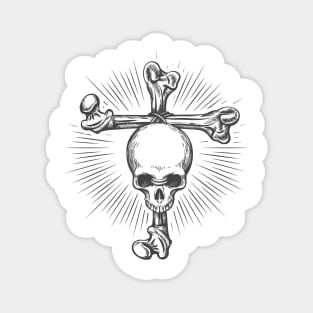 Human Skull fastened to Cross Made of Bones. Tattoo in engraving style. Magnet