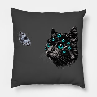 'My eyes waiting for you' colorful imagination of cat and moth mates Pillow