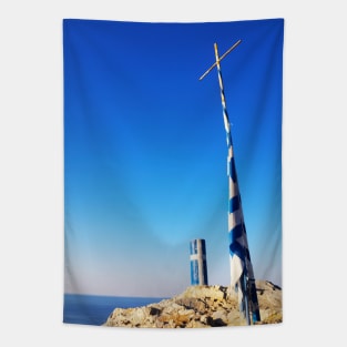Greek flag waving on a blue and white pole with a cross Tapestry