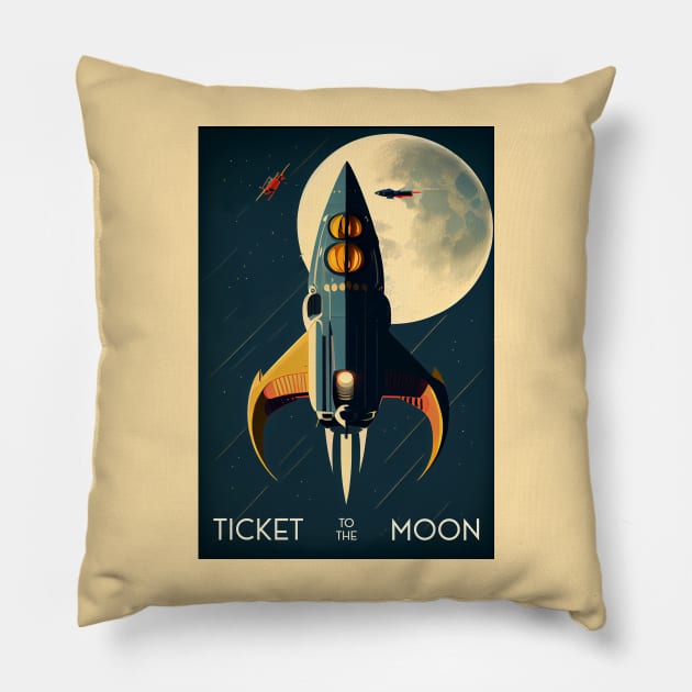 Moon Adventure Vintage Travel Poster Pillow by GreenMary Design