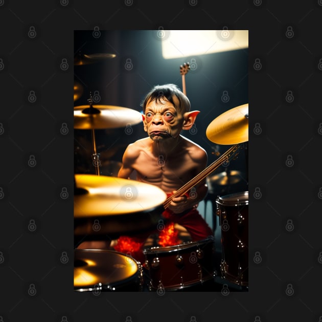 Funny Gollum playing in a heavy metal band graphic design artwork by Nasromaystro