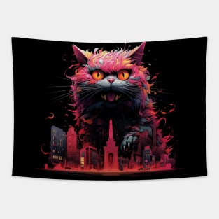 Catzilla Strikes: Pink, Grey, Black & Colorful Retro Comic Art Style Tapestry