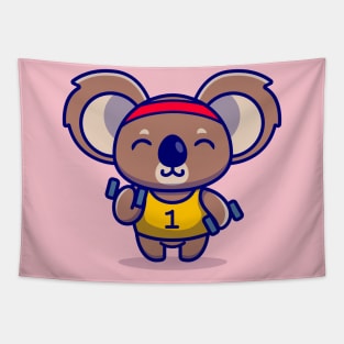 Cute Koala Lifting Dumbbell Cartoon Tapestry