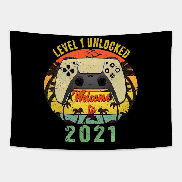 LEVEL 1 UNLOCKED WELCOME TO 2021 Funny Gift for Husband and wife With Mod Control Video Games  Vintage and Retro Hawaii beach For 1st Celebrate gift, 1st Holiday of year and Anniversary Gifts Tapestry by Fashion Style