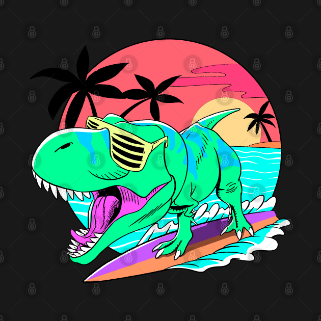 Dino surfing retro art by Ildegran-tees