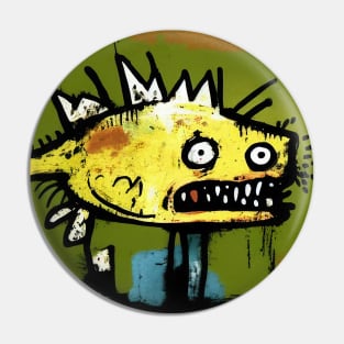 Vibrant Puffer Fish in Yellow and Green Neo-Expressionist Painting Pin